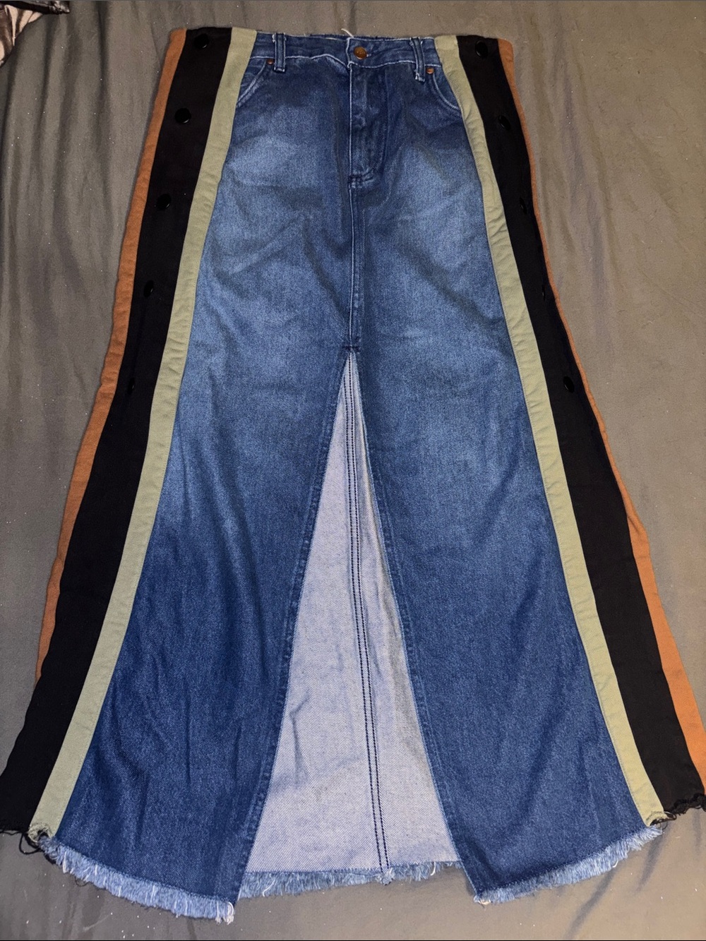 Tricia Fix Denim Panel Maxi Skirt with Contrast Side Stripes